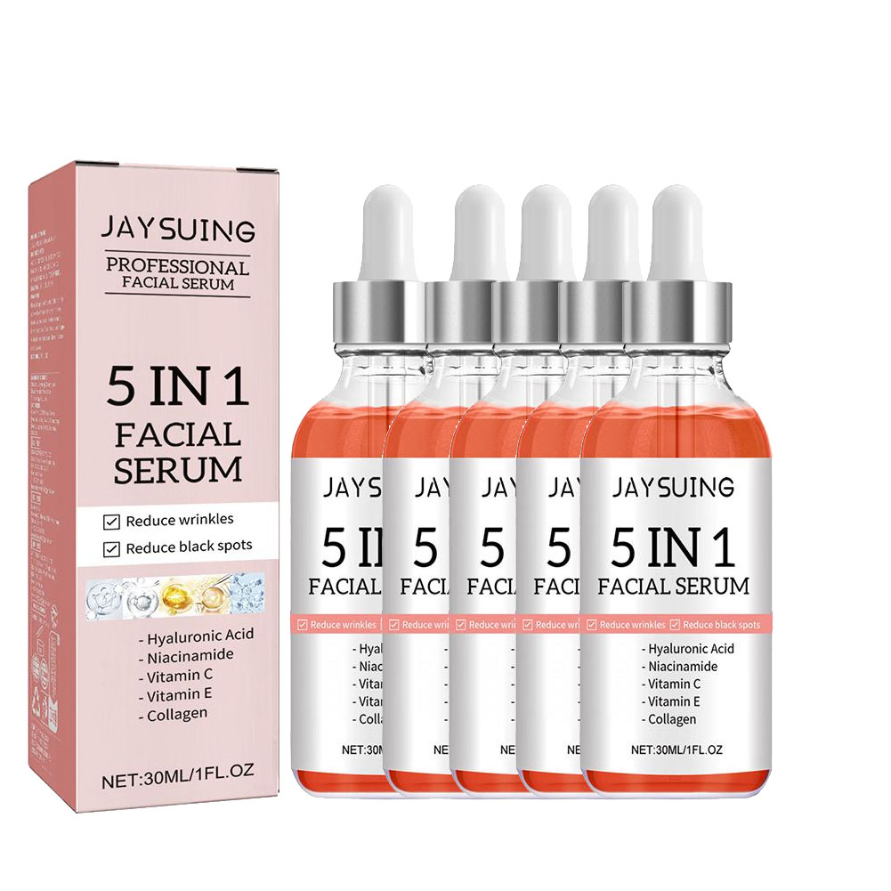 Vitamin C Serum - เซรั่มบำรุงผิวหน้า 5-in-1 วิตามินซีและกรดไฮยาลูโรนิก, เอสเซนส์บำรุงผิวหน้าให้กระชับ, กระชับรูขุมขนและลดเลือนริ้วรอย, บำรุงผิวให้ชุ่มชื้น