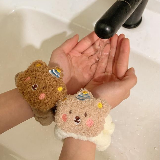 Cleanser Face - สายรัดข้อมือการ์ตูนหมีสำหรับล้างหน้า1คู่สายรัดซับเหงื่อผ้านุ่มยืดหยุ่นดูดซับสายรัดข้อมือที่รัดผม
